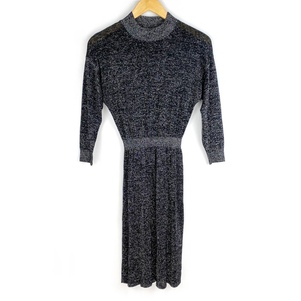 Halston Heritage Black Sweater Dress Silver Metallic Midi Stretch Fall Formal S